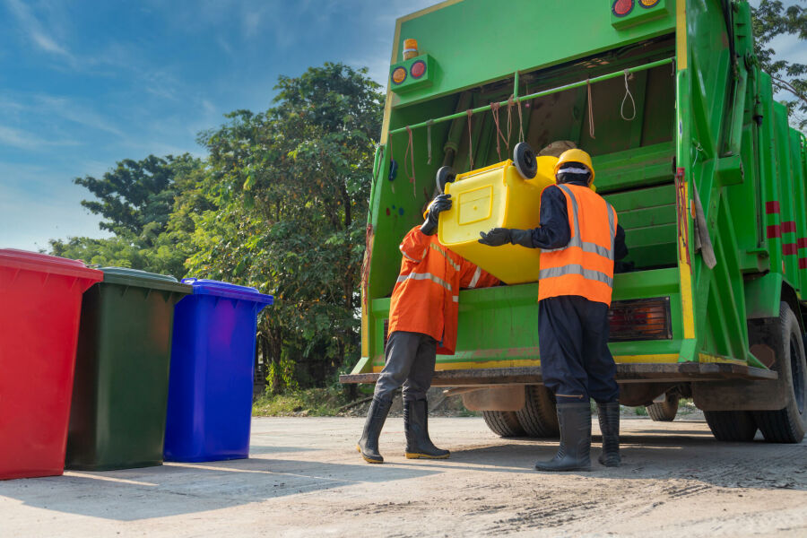 Imagem teamwork-garbage-men-working-together-emptying-dustbins-trash-removal-with-truck-loading-waste-trash-bin-garbage-collector